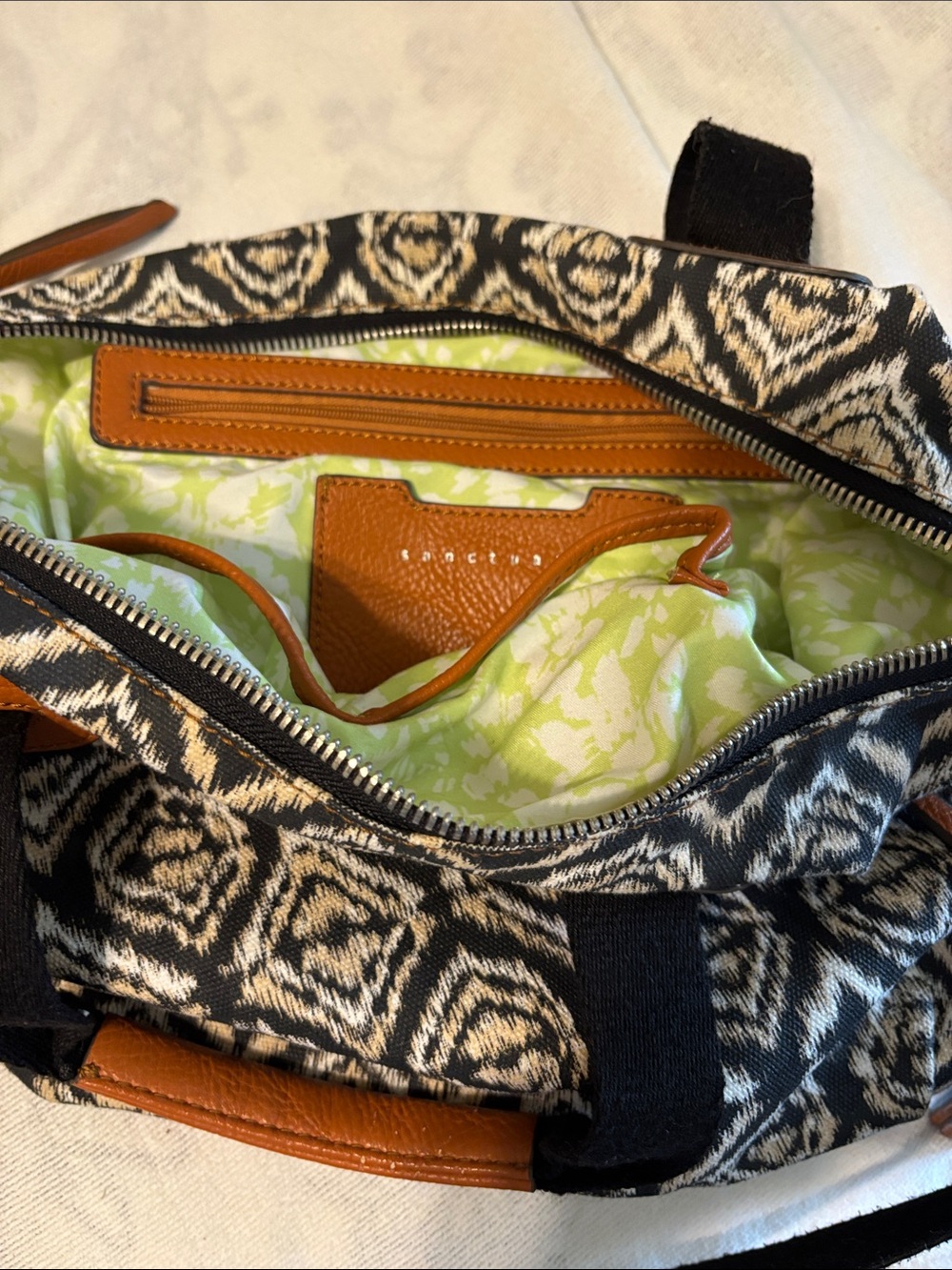 Sanctuary Black & White Patterned Tote with Tan Leather Trim